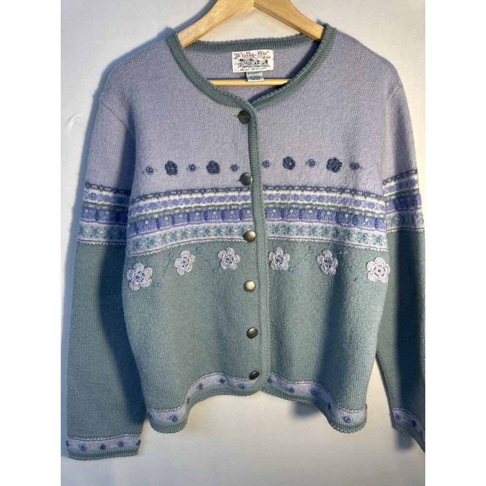 Vintage Wool‎ Cardigan Embroidered Floral Cottagecore Granny Nordic L